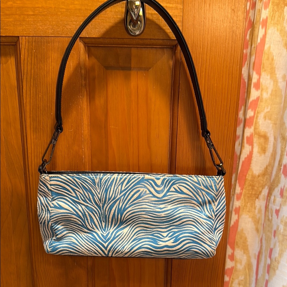 Blue and White Swirl Print Shoulder Bag with Silver Hardware